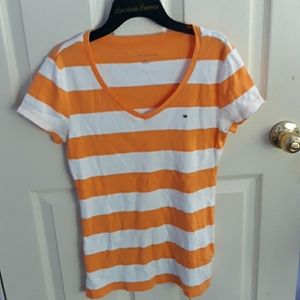 Orange and White Striped Tommy Hilfiger V-neck